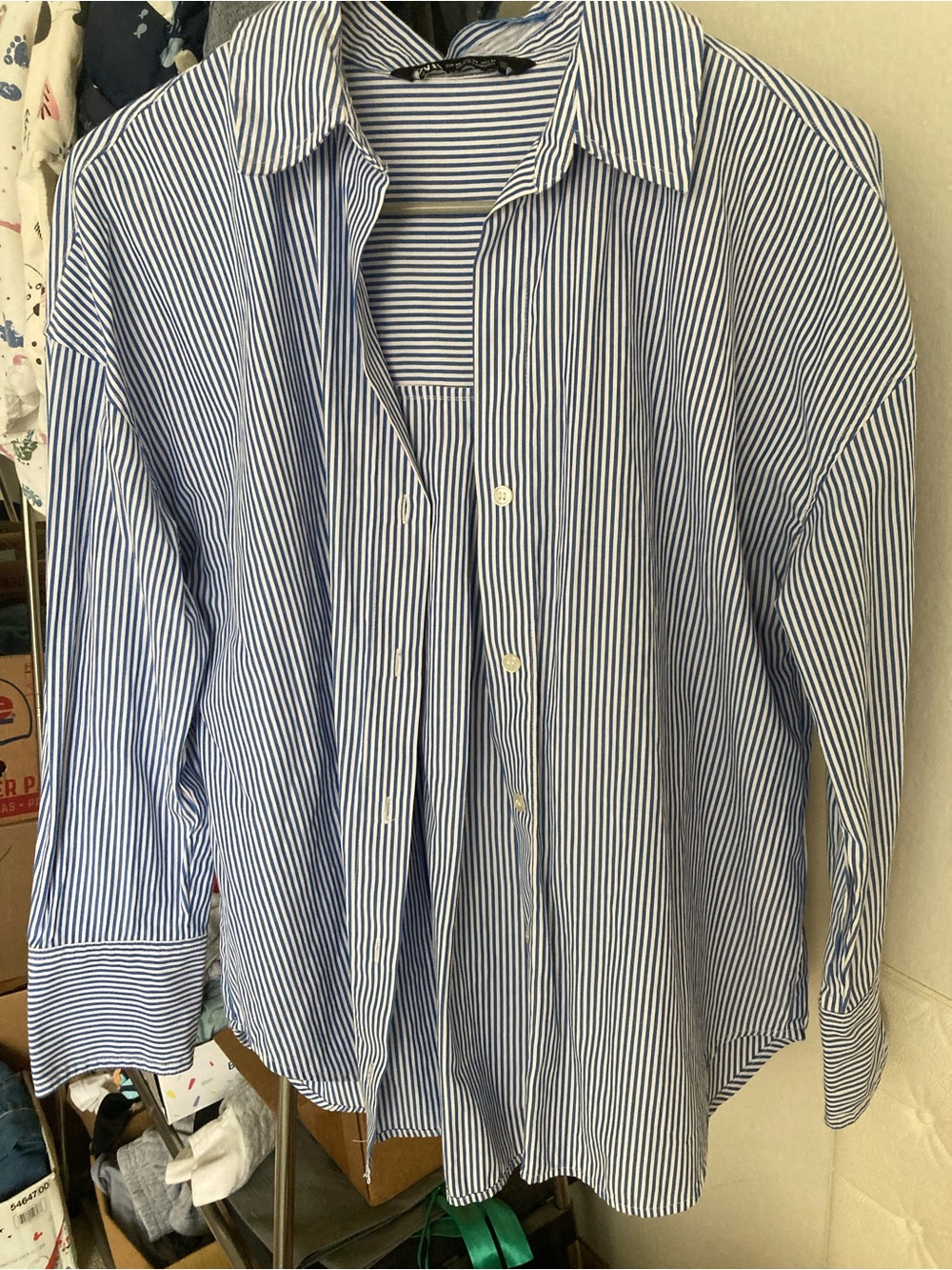 Zara Women's Blue and White Pinstripe Button-Down Shirt